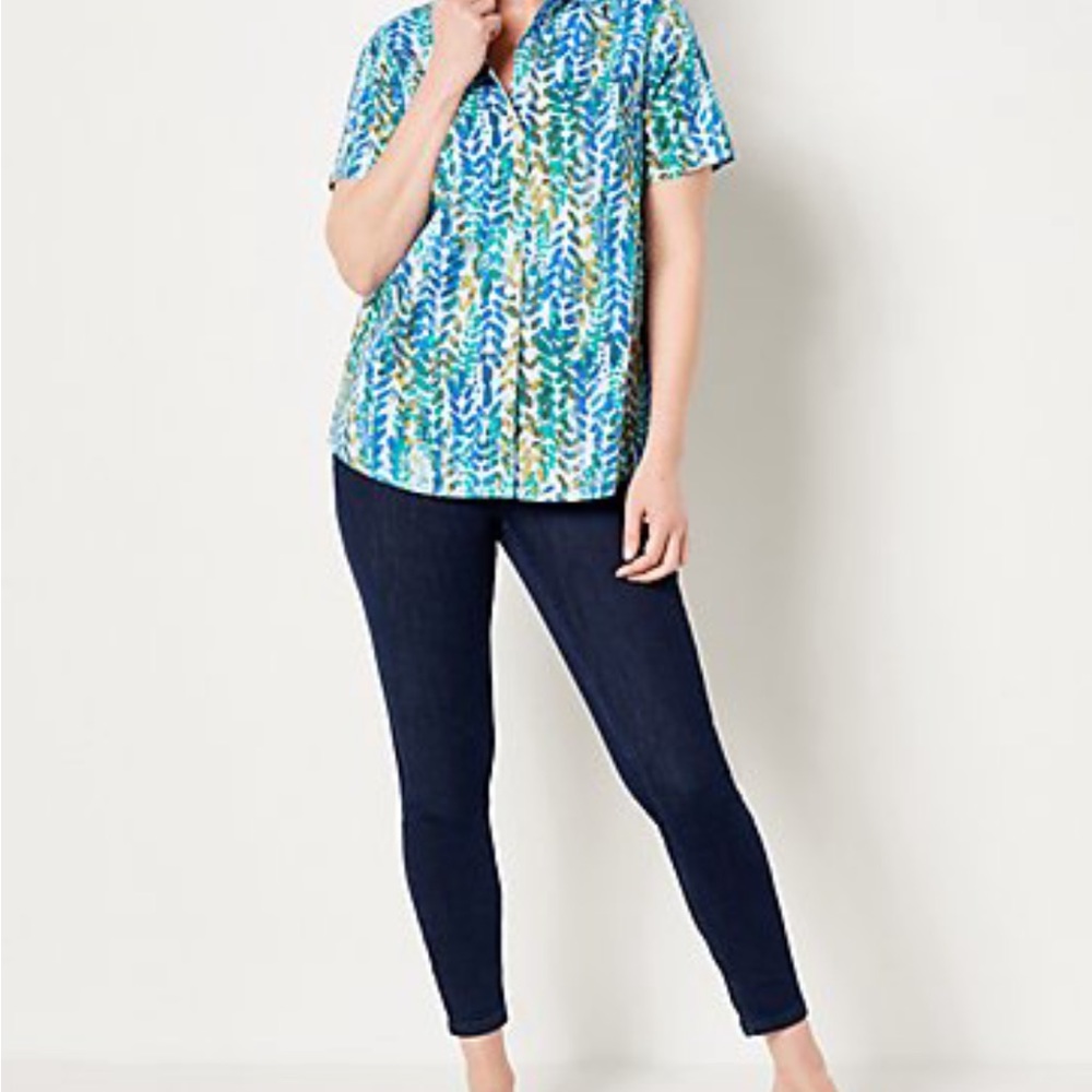 Denim & Co. Printed Button Front Shirt in Blue Leaf Multi, Size M - Picture 3 of 15